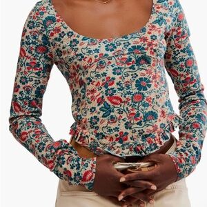 Free People Pink and Blue Long Sleeve Crop Blouse